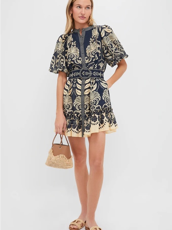 FARM Rio Dresses & Skirts - FARM Rio Navy and Cream Floral-Print Belted Mini Dress